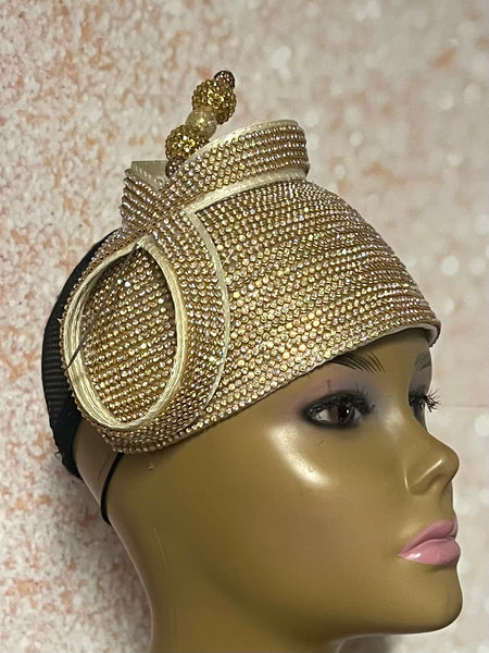 Gold Rhinestone Bling Fascinator Half Hat for Church, Tea Parties, Weddings and other special occasions