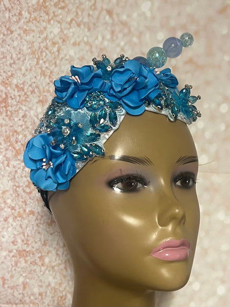Light Blue Beaded Flower Double Cup Fascinator, Sea Blue Double Teardrop Church Special Occasion Half Hat