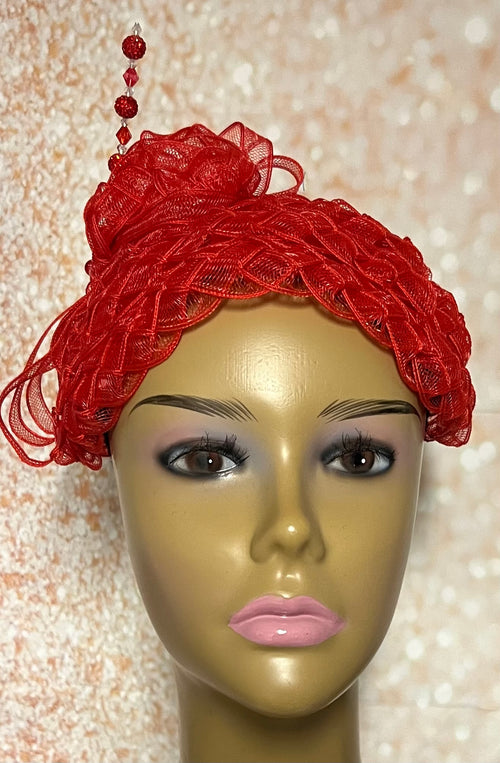 Beautiful Red Fascination Half Hat for Church, Tea Party, Weddings and Special Occasions