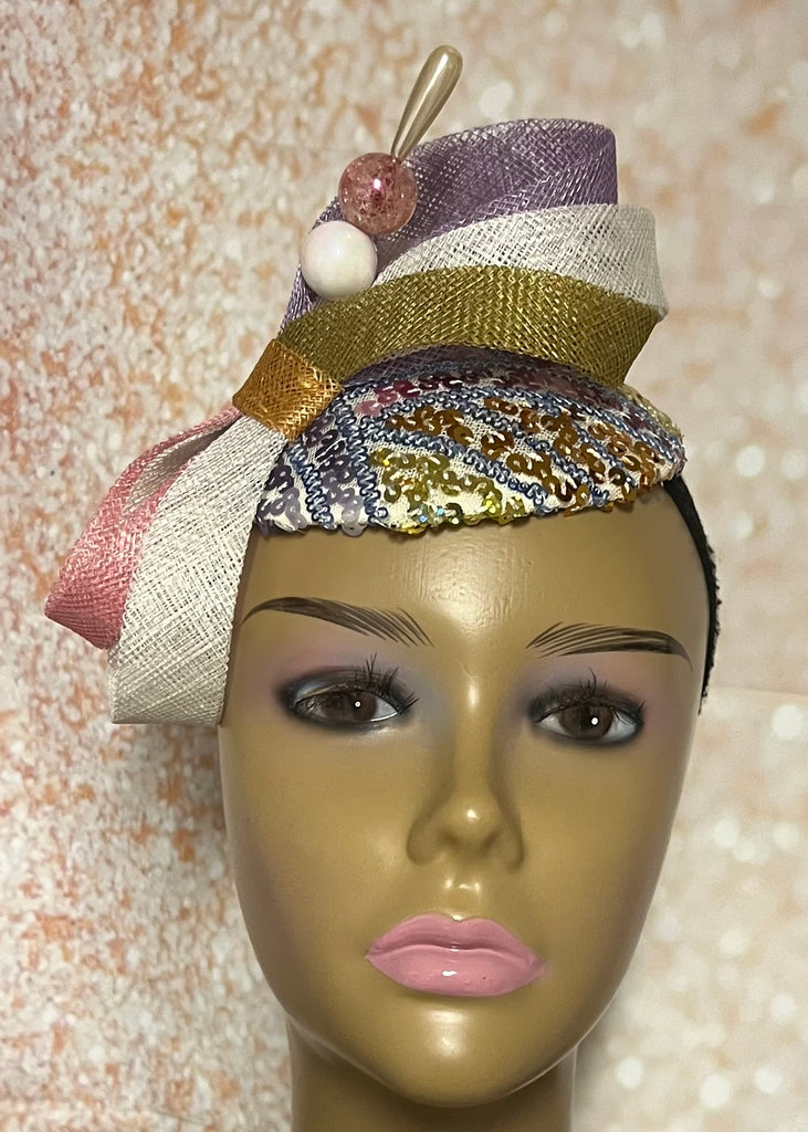 Lavender, Bronze Peach Yellow Pastel Multicolor Small Sinamay Fascinator Hat, Church Head Covering, Tea Party, Wedding and other special occasions