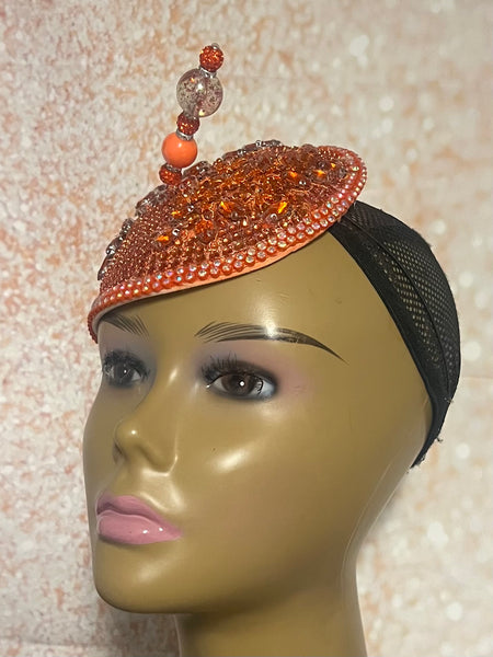 Orange Rhinestones Crystal Bling Fascinator Half Hat for Church, Tea Parties, Weddings and other special occasions