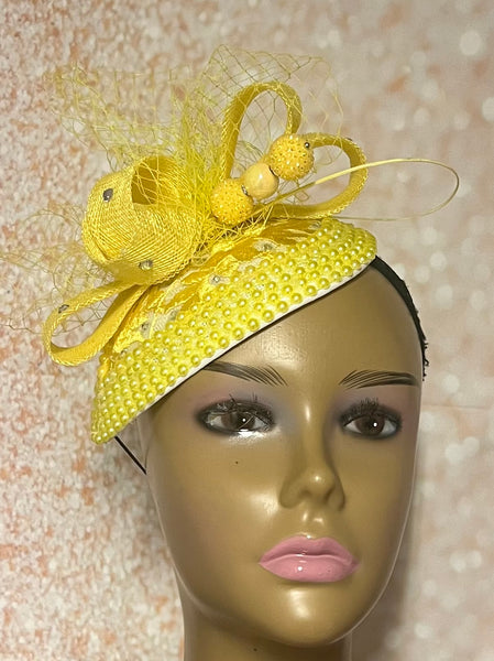 Yellow Beaded Lace Teardrop Fascinator Half Hat, Church Head Covering, Headwear, Tea Parties, Weddings and other Special Occasions