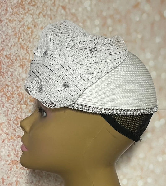 White Draped Mesh Full Hat Fascinator for weddings, church, tea parties and special occasions