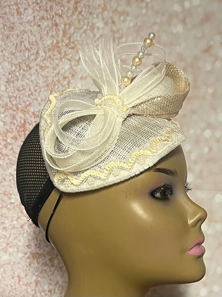 Cream/Off White Sequin Fascinator Half Hat, Church Head Covering, Tea Parties, Weddings