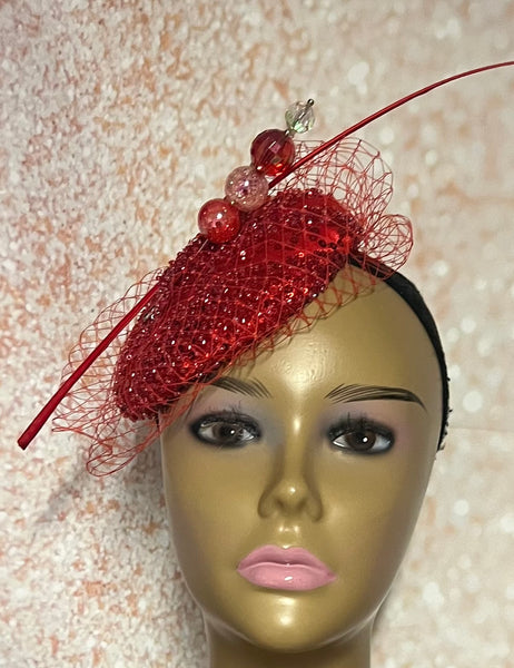 Red Cocktail Fascinator Church Half Hat, Beaded Lace Tea Party Hat, Mother of the Bride Wedding Hat, Perfect Gift for Mom and Wife