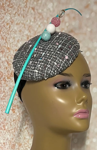Gray Tweed Fascinator Half Hat, Button Pillbox Hat for Church head covering, Tea Party, Wedding, and other Special Occasions