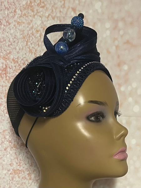 Navy Blue Beaded Crystal Headband Fascinator for Church, Tea Parties, Weddings and Special Occasions