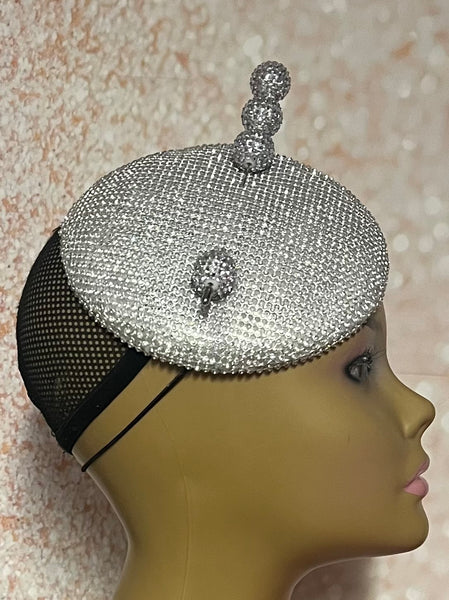 Rhinestone Silver Bling Button Cocktail Fascinator Half Hat for Church, Tea Parties, Weddings and other special occasions