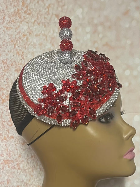Red and Silver Rhinestone Bling Fascinator Half Hat for Church, Tea Party, Weddings and Special Occasions