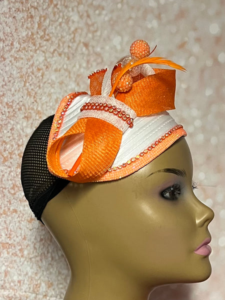 White and Orange Satin Half Hat Fascinator for Church Head Covering, Wedding, Tea Party, Mother of the Bride, and Other Special Occasions
