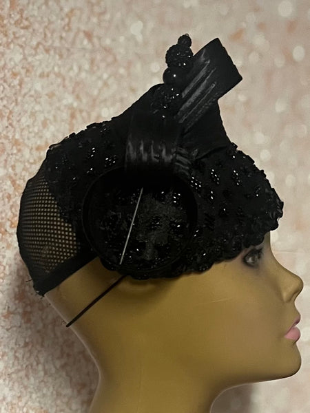 Black Beaded Teardrop Fascinator Half Hat for church, weddings, tea parties and other occasions