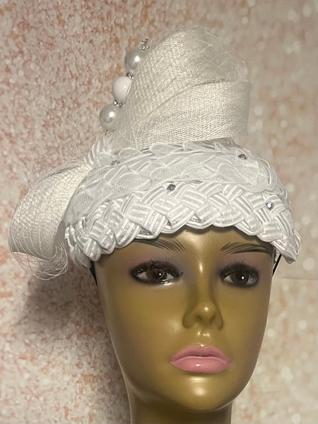 White Braided Sinamay Bow Fascinator Half Hat for Church Head Covering, Tea Parties and Other Special Occasions