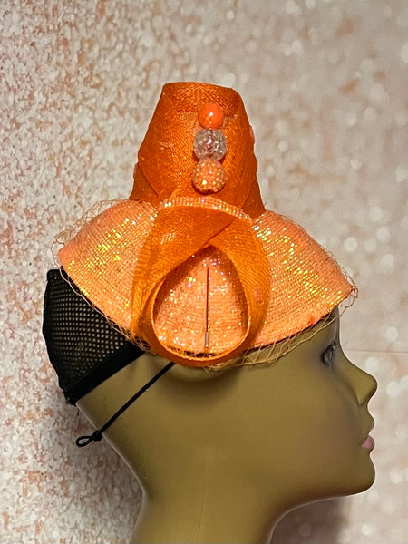 Orange Crystal Rhinestone Full Fascinator Hat for Church Head Covering, Wedding, Tea Party, Mother of the Bride, and Other Special Occasions