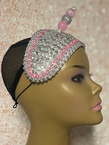 Pink and Silver Beaded Fascinator Half Hat, Church Head Covering