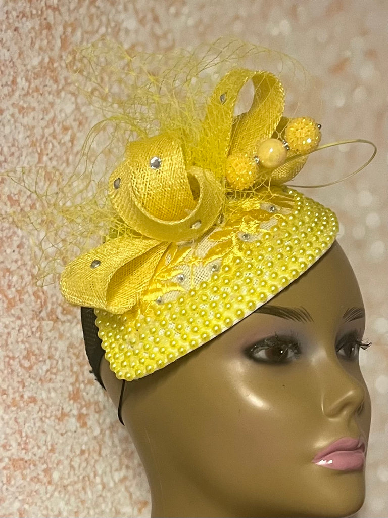 Yellow Beaded Lace Teardrop Fascinator Half Hat, Church Head Covering, Headwear, Tea Parties, Weddings and other Special Occasions