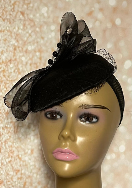 Black Satin Fascinator Half Hat for Church Head Covering, Tea Party, Wedding and Other Special Occasions