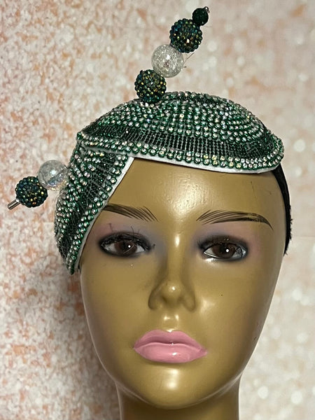 Green Beaded Rhinestone Double Cup Fascinator | Double Teardrop Half Hat for Church