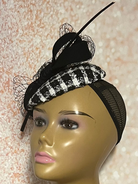 Black and White Houndstooth Tweed Fascinator Half Hat for Church Head Covering, Tea Party, Wedding and Other Special Occasions