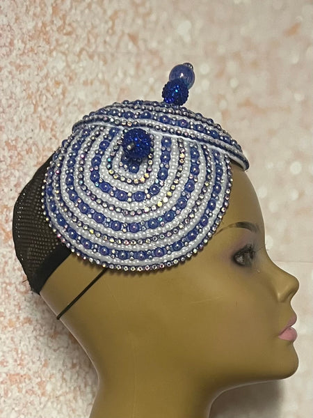 Blue and White Double Cup Beaded Rhinestone Fascinator for Church, Tea Parties, Weddings and Special Occasions