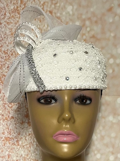 White Lace Half Hat Fascinator for weddings, church, tea parties and special occasions