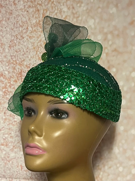 Green Crystal and Sequin Full hat for Church, Wedding, Mother of the Bride, Head Covering, Tea Parties and other special occasions