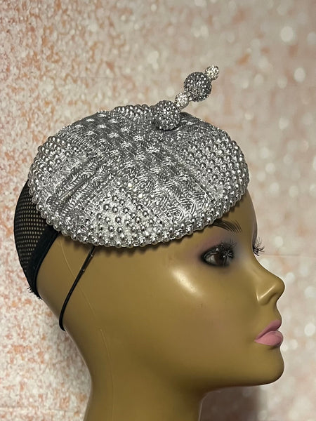 Silver Beaded Button Cocktail Fascinator Half Hat for Church, Tea Parties, Weddings and other special occasions