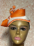 White and Orange Satin Half Hat Fascinator for Church Head Covering, Wedding, Tea Party, Mother of the Bride, and Other Special Occasions