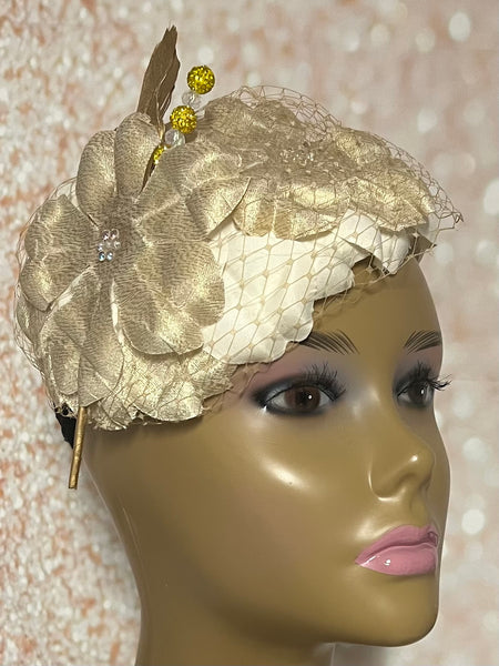 Beige/Cream Fascinator Half Hat for Church Head Covering, Tea Party, Wedding and Other Special Occasions