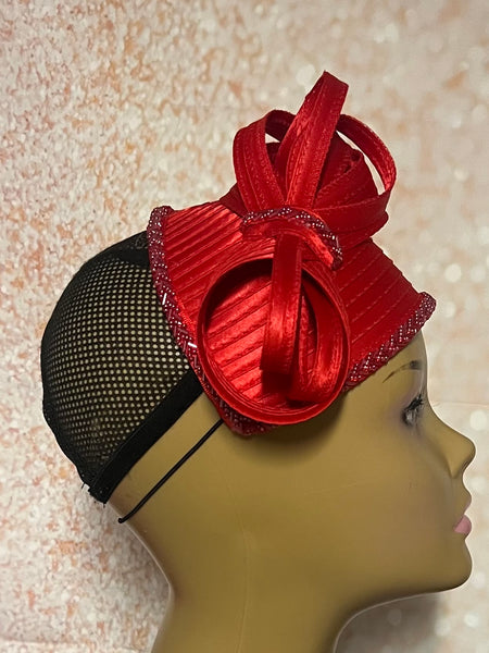 Red Satin Fascinator Half Hat for Church, Tea Parties, Weddings and other special occasions