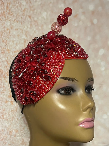 Red Beaded Double Teardrop Fascinator Hat, Church and Special Occasion Headwear