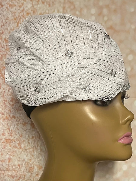 White Draped Mesh Full Hat Fascinator for weddings, church, tea parties and special occasions