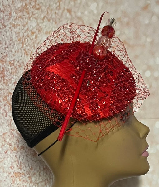 Red Cocktail Fascinator Church Half Hat, Beaded Lace Tea Party Hat, Mother of the Bride Wedding Hat, Perfect Gift for Mom and Wife