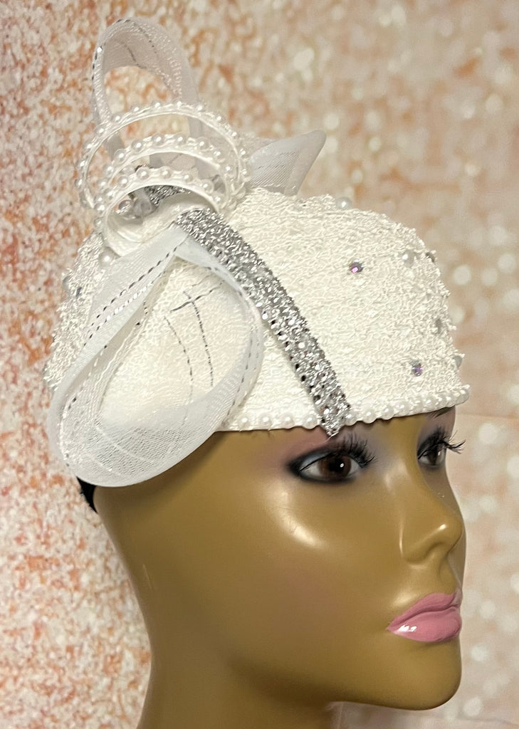 White Lace Half Hat Fascinator for weddings, church, tea parties and special occasions