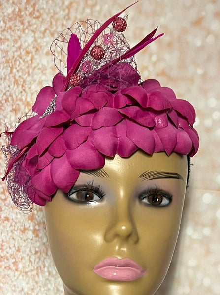 Fuchsia Pink Flower Fascinator Half Hat for Church head covering, Tea Party, Wedding, and other Special Occasions