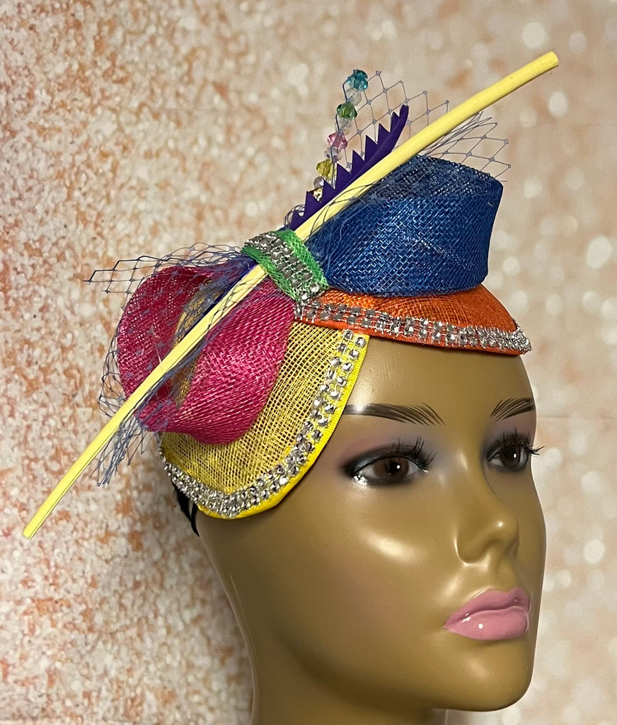 Yellow and Orange Multicolor Sinamay Fascinator Half Hat, Church Head Covering, Headwear, Tea Parties Weddings and other special occasions