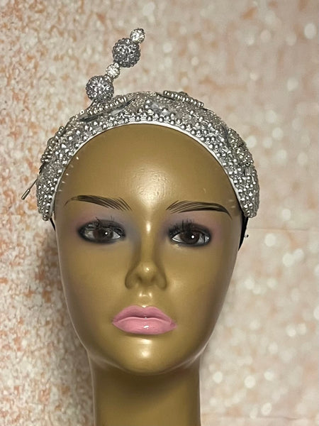 Silver Beaded Sequin Headband-Shaped Fascinator Half Hat for Church, Tea Parties, Weddings and other special occasions