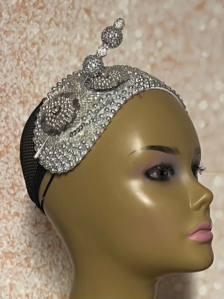 Silver Beaded Sequin Headband-Shaped Fascinator Half Hat for Church, Tea Parties, Weddings and other special occasions