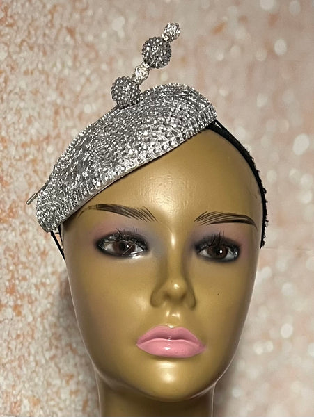 Silver Rhinestone Bling Button Cocktail Fascinator Half Hat for Church, Tea Parties, Weddings and other special occasions