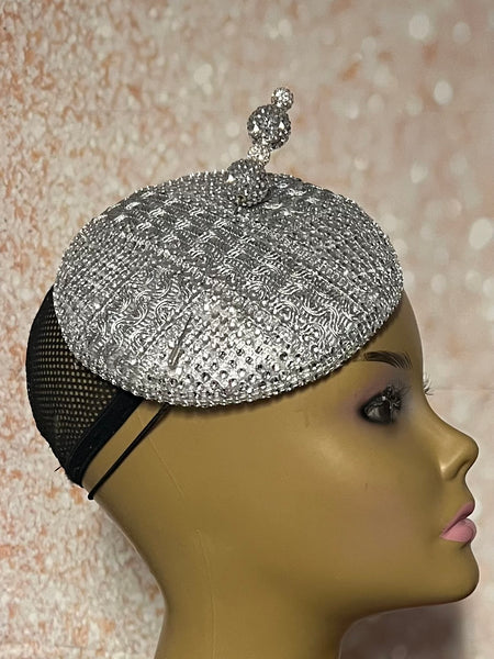 Silver Rhinestone Bling Button Cocktail Fascinator Half Hat for Church, Tea Parties, Weddings and other special occasions