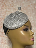 Silver Rhinestone Bling Button Cocktail Fascinator Half Hat for Church, Tea Parties, Weddings and other special occasions