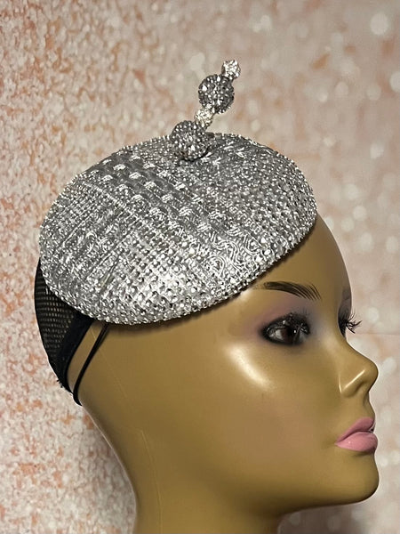 Silver Rhinestone Bling Button Cocktail Fascinator Half Hat for Church, Tea Parties, Weddings and other special occasions