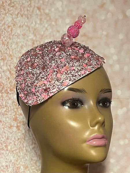 Pink Crystal Rhinestone Beaded Fascinator Half Hat, Church Head Covering, Headwear, Tea Parties Weddings and other special occasions