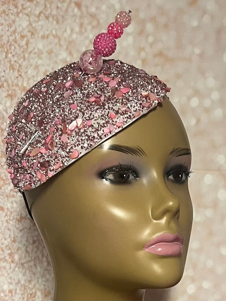 Pink Crystal Rhinestone Beaded Fascinator Half Hat, Church Head Covering, Headwear, Tea Parties Weddings and other special occasions