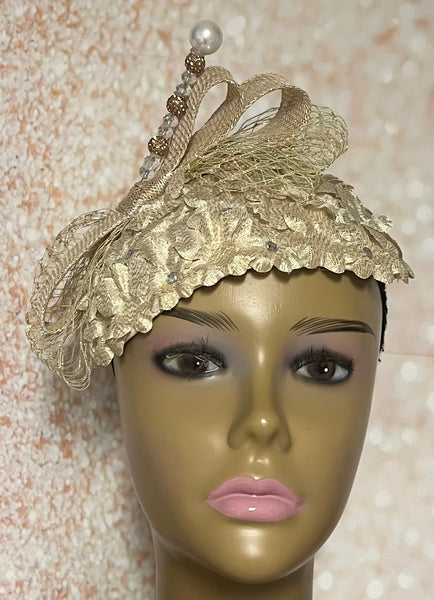 Gold Flower Fascinator Half Hat, Weddings, Church, Head Covering, Tea Parties, Special Occasions