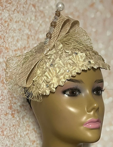 Gold Flower Fascinator Half Hat, Weddings, Church, Head Covering, Tea Parties, Special Occasions