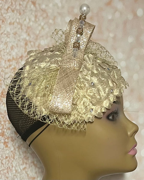 Gold Flower Fascinator Half Hat, Weddings, Church, Head Covering, Tea Parties, Special Occasions
