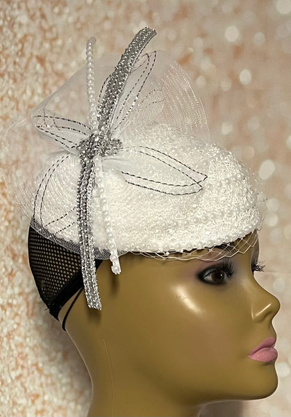 White Lace and Pearl Half Hat Fascinator for weddings, church, tea parties and special occasions