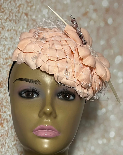 Peach Flower Fascinator Half Hat, Weddings, Church, Tea Parties, and other Special Occasions