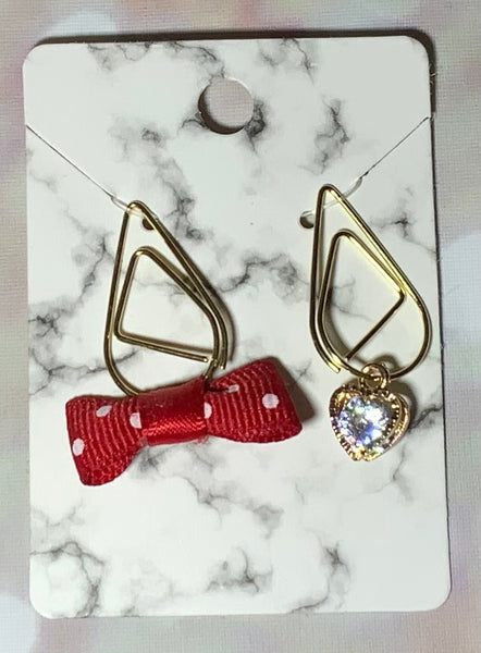Red and White Polka Bow and Heart Paper Clip Charm