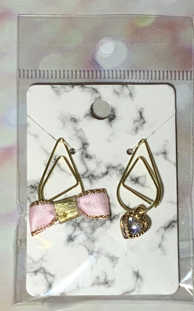 Pink and Gold Satin Bow And Heart Paper Clip Charm